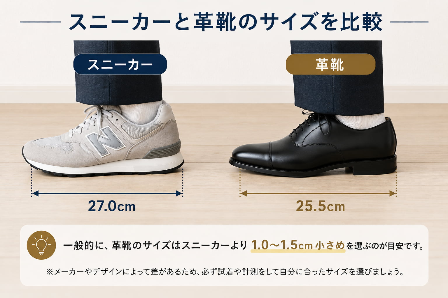 スニーカーと革靴のサイズを比較